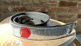 Copperpeace Glovely Silver Sequined Black Leather Guitar Strap — Red Pocket Version