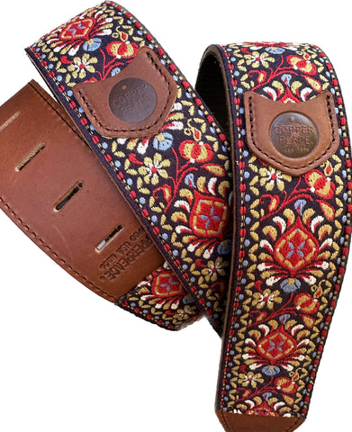 Copperpeace Mariposa Vintage Floral Embroidered Leather Guitar Strap