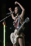 Katy-Perry-wearing Copperpeace Glovely Silver Sequined Black Leather Guitar Strap with red Pocket