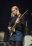 Phoebe Bridgers performing with Copperpeace Glovely Silver Sequined Black Leather Guitar Strap — Red Pocket Version