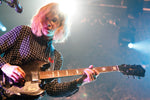 Sleater-Kinney-Carrie-Glovely with her walk-the-moon-wtm-tih-tour-red-rocks-CO-sound-check-eli-maiman-wearing  Copperpeace Glovely Silver Sequined Black Leather Guitar Strap Red Pocket Alteration