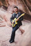walk-the-moon-wtm-tih-tour-red-rocks-CO-sound-check-eli-maiman-wearing VARIATION 1: Copperpeace Glovely Silver Sequined Black Leather Guitar Strap Red Pocket Version