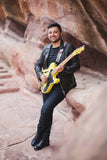 walk-the-moon-wtm-tih-tour-red-rocks-CO-sound-check-eli-maiman-wearing VARIATION 1: Copperpeace Glovely Silver Sequined Black Leather Guitar Strap Red Pocket Version